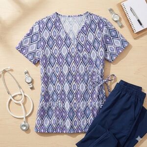 Geometric Patterned Wrap Top - Purple and Blue